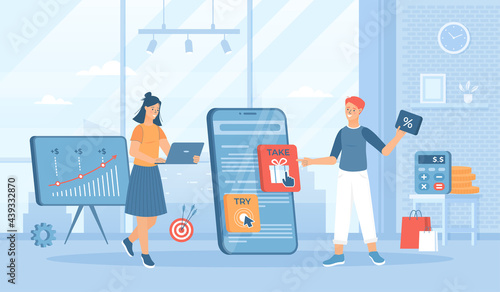 Rich Media Ads. Digital advertising.  Interactive animation on the phone screen, Active pop-up banner. Flat cartoon vector illustration with people characters for banner, website or landing page.