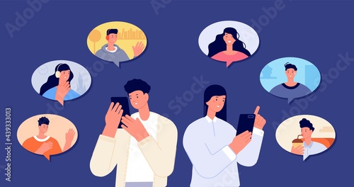 Refer a friends. Business friend, interactivity mobile list. Man woman connected to chatting. Mobile video call, phone talking utter vector concept