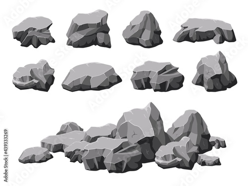Cartoon stones. Broken rock, stone pile 3d design. Isolated rocks, boulder or gray mountain. Rubble gravel group, nature granite recent vector set