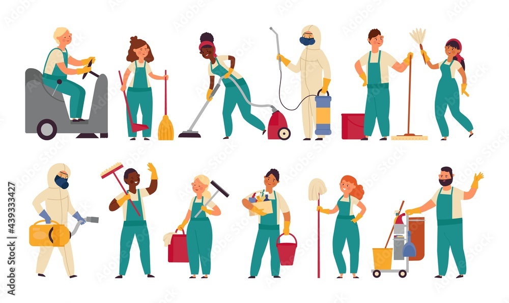 Cleaner workers. Housework girl, cleaning service worker. Cartoon housekeeping, woman holding mop. Smiling male female staff decent vector set