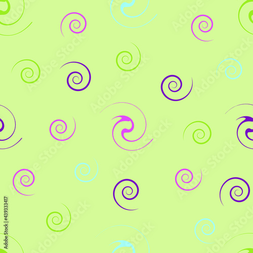 Seamless abstract pattern with pink, blue and burgundy elements in the form of a spiral on a light green background. For wallpaper, textiles and fabrics.