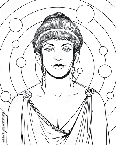 Hypatia line art portrait. She was a Hellenistic Neoplatonist philosopher, astronomer, and mathematician