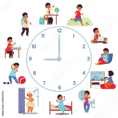 Boy daily schedule. Activity young children, morning wash hygiene. Isolated adorable baby, school student. Day activities decent vector concept