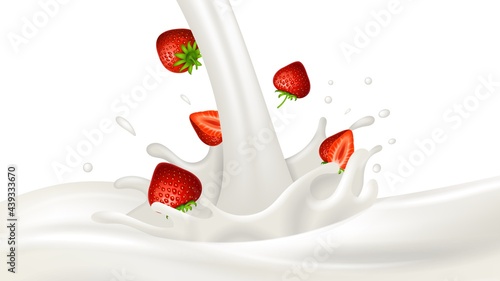 Milk yogurt splash. Berry creamy flow, isolated realistic white liquid dairy. Fresh farm products, ad banner or label vector template