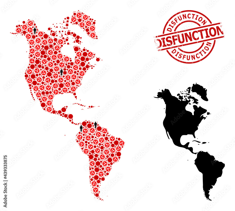 Collage map of South and North America composed of virus icons and demographics elements. Disfunction grunge seal stamp. Black man items and red SARS virus elements.
