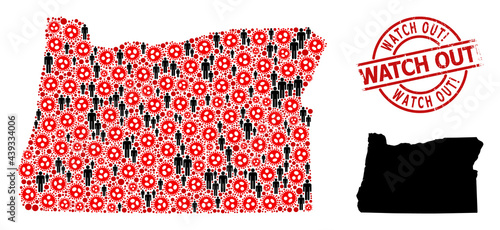 Collage map of Oregon State constructed from flu virus items and people items. Watch Out! grunge watermark. Black people items and red sars virus items. Watch Out! message inside round seal.