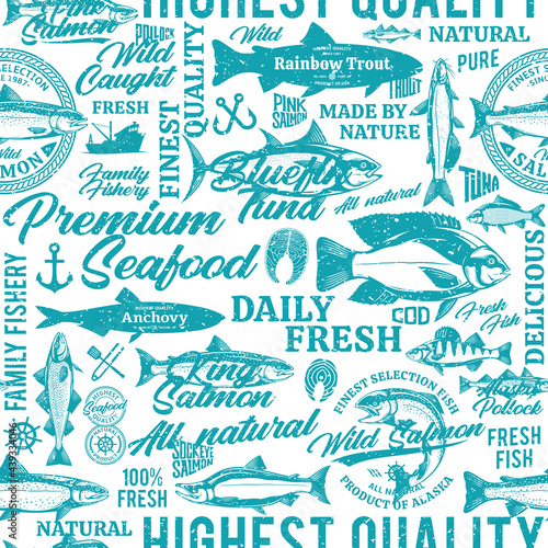 Vector fish retro-styled seamless typographic pattern or background. Fish silhouettes and illustrations