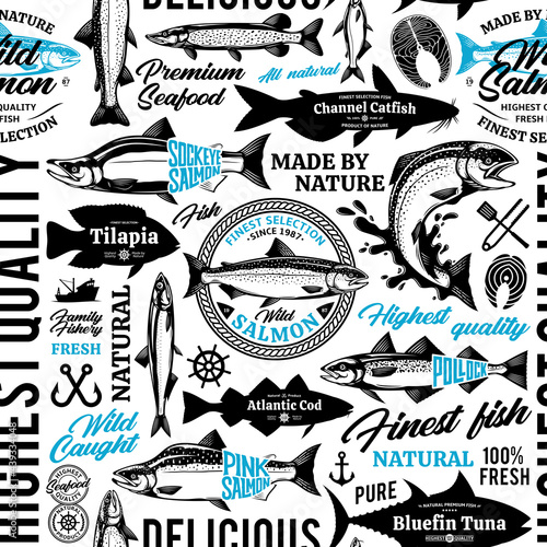 Vector fish seamless pattern, logo and design elements. Fish silhouettes and illustrations