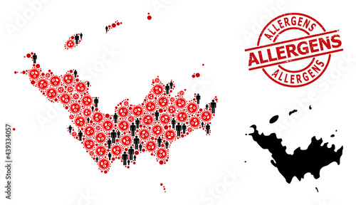 Mosaic map of Saint Barthelemy designed from SARS virus elements and population items. Allergens textured seal stamp. Black men items and red flu virus elements.