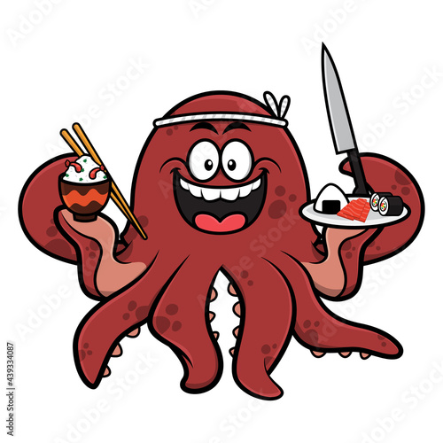 funny octopus cartoon characters wearing hachimaki and holding a chopstick, knife, bowl of rice and shrimp, and plate of onigiri and sushi, best for mascot of japanese traditional food restaurant