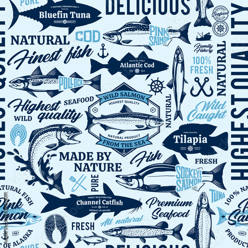 Vector fish seamless pattern, logo and design elements. Fish silhouettes and illustrations