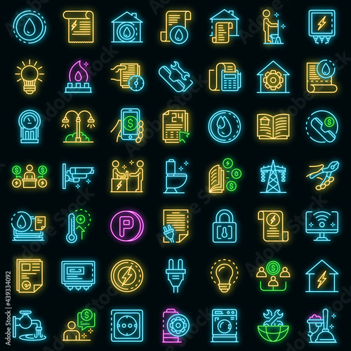Utilities icons set. Outline set of utilities vector icons neon color on black