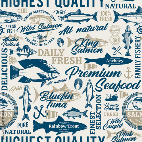 Vector fish seamless pattern, logo and design elements. Fish silhouettes and illustrations