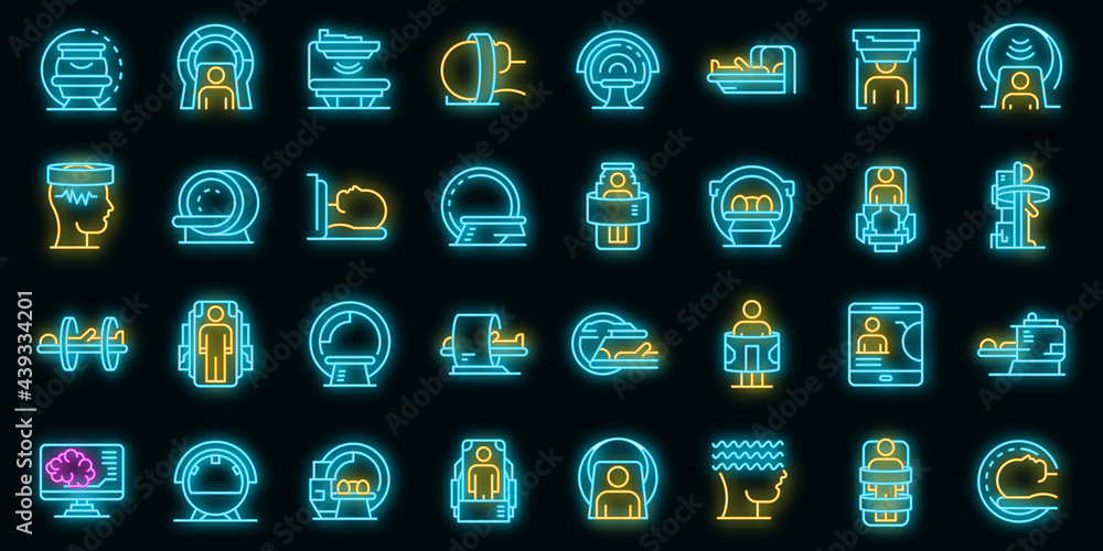 Magnetic resonance imaging icons set. Outline set of magnetic resonance imaging vector icons neon color on black Magnetic resonance imaging icons set. Outline set of magnetic resonance imaging vector icons neon color on black