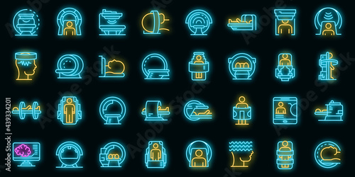 Magnetic resonance imaging icons set. Outline set of magnetic resonance imaging vector icons neon color on black