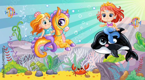 Sea wildlife background with cute mermaids and orca vector