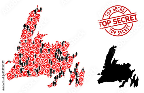 Collage map of Newfoundland Island united from sars virus icons and humans items. Top Secret grunge seal. Black people icons and red virus outbreak icons. Top Secret text inside round seal stamp.
