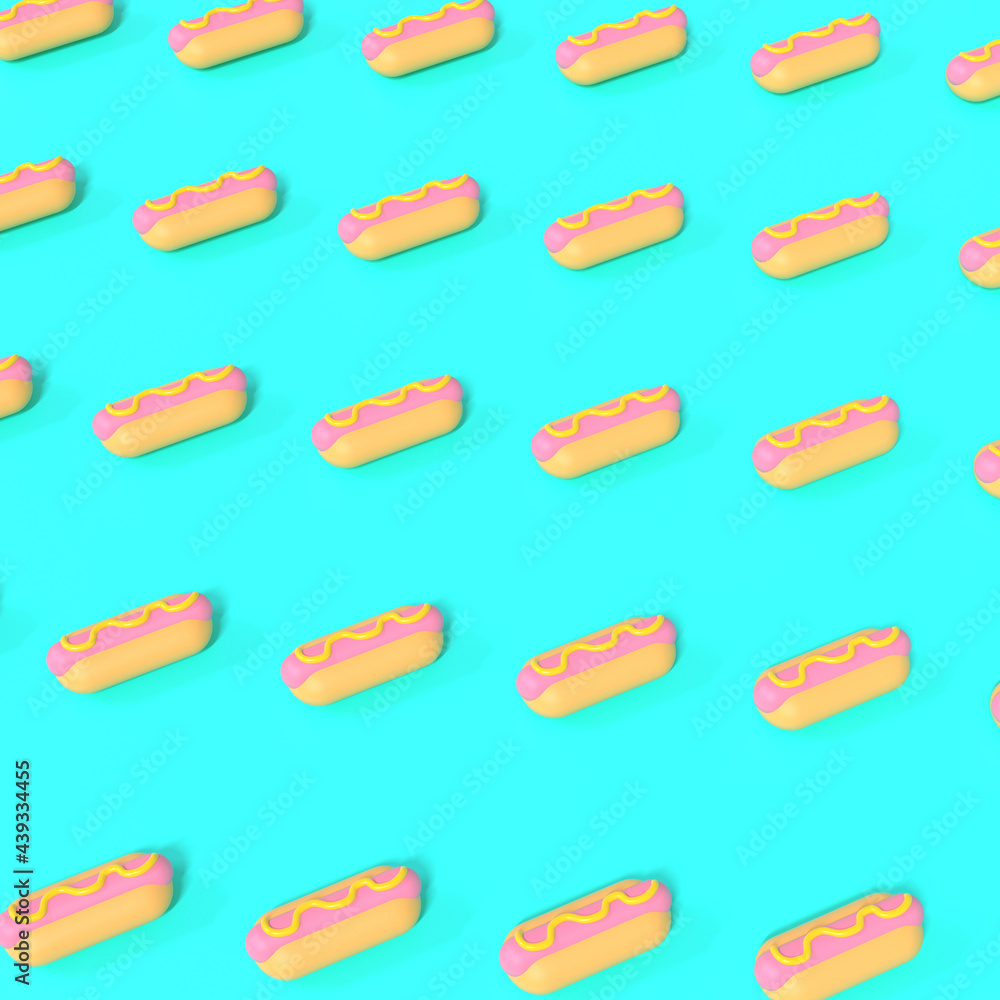 3D render of pattern of hot dogs with mustard on turquoise background. 3D render of pattern of hot dogs with mustard on turquoise background.