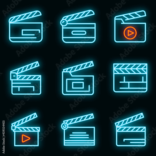 Clapper icons set. Outline set of clapper vector icons neon color on black