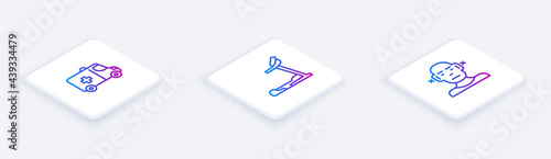 Set Isometric line Emergency car, Treadmill machine and Deaf. White square button. Vector