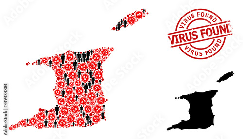 Collage map of Trinidad and Tobago composed of sars virus elements and men items. Virus Found scratched seal stamp. Black person elements and red virus outbreak elements.