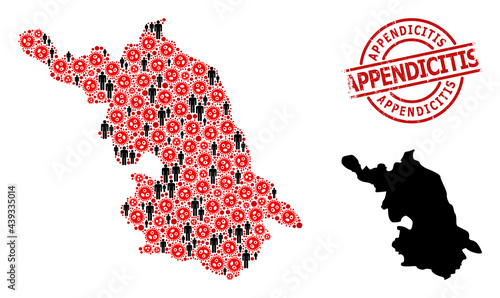 Mosaic Map of Jiangsu Province designed from flu virus icons and men icons. Appendicitis scratched badge. Black men icons and red covid infection icons. Appendicitis phrase inside round stamp.