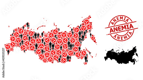 Collage map of Russia organized from SARS virus elements and population items. Anemia grunge watermark. Black men elements and red flu virus items. Anemia message is inside round watermark.