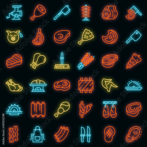 Meat icons set. Outline set of meat vector icons neon color on black