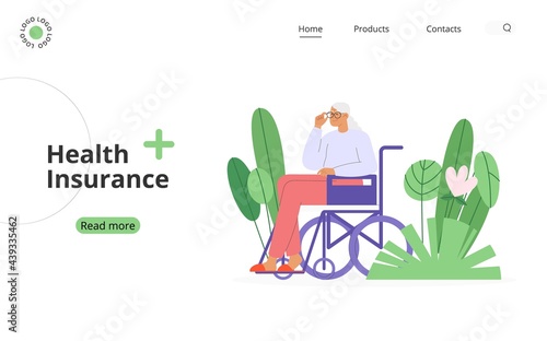 Medical insurance. Elderly female character is sitting in a wheelchair. Concept of insuring pensioners or disabled or handicapped people. 
