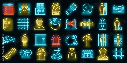 Prison icons set. Outline set of prison vector icons neon color on black