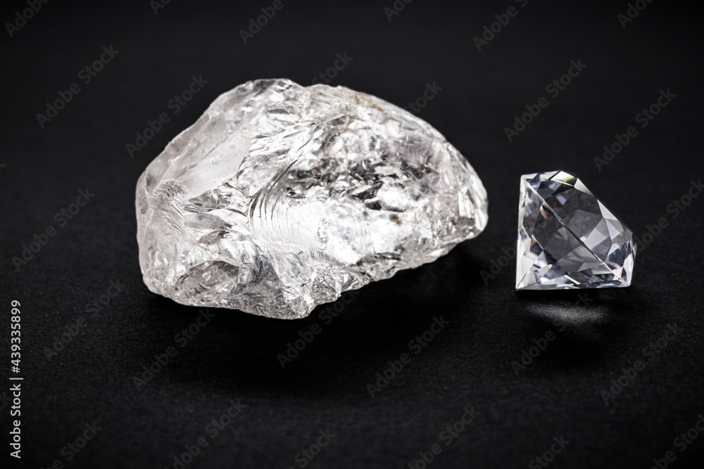 cut diamond with rough diamond gem, on isolated background, diamond business concept.