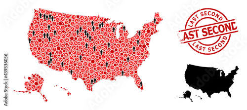 Collage map of USA territories united from flu virus items and population elements. Last Second scratched seal stamp. Black people icons and red covid virus icons.