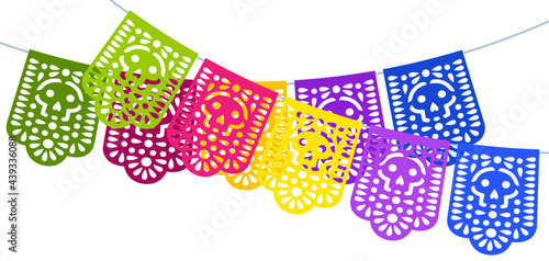 Day of the Dead greeting card with paper flags. Dia de los muertos. Mexican traditional celebration.