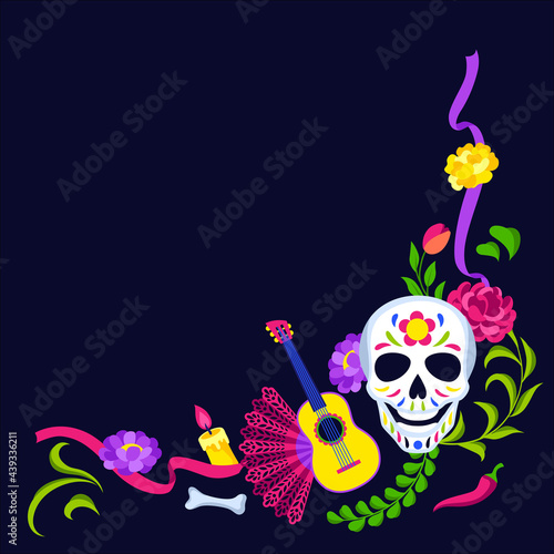 Day of the Dead decorative frame. Dia de los muertos. Mexican celebration.