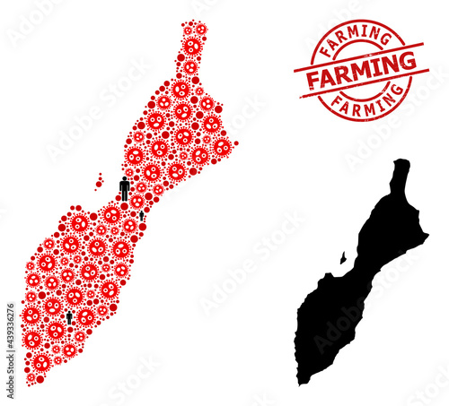 Collage map of Masirah Island united from SARS virus items and demographics items. Farming scratched watermark. Black crowd icons and red sars virus icons. Farming message is inside round stamp.