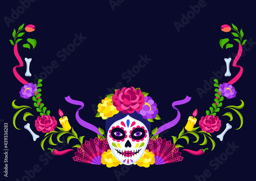 Day of the Dead decorative frame. Dia de los muertos. Mexican celebration.