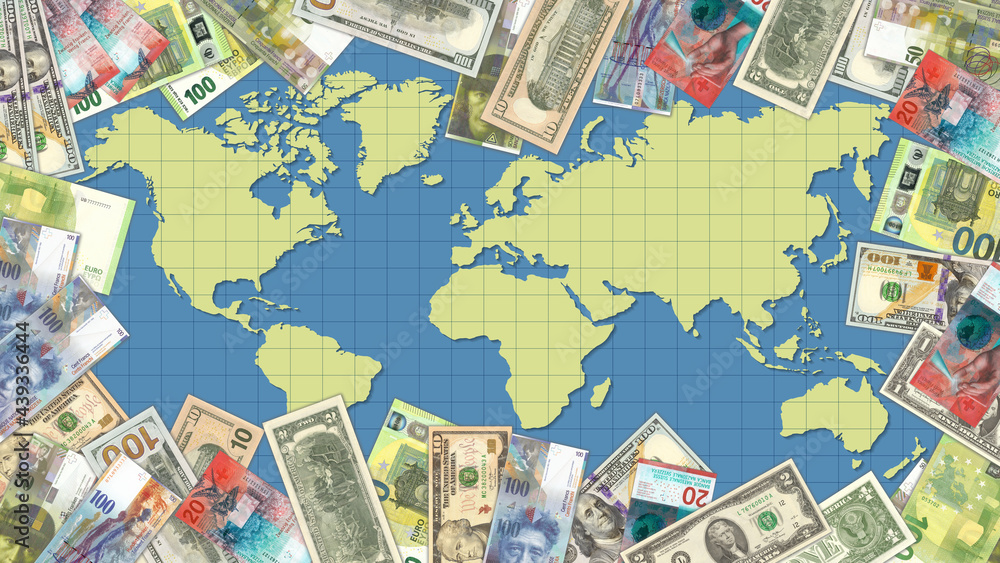 Naklejka premium Sketchy world map framed by paper money of different countries. Banknotes of the USA, EU and Switzerland. Dollars, euros and francs