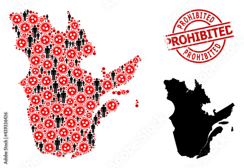 Collage map of Quebec Province united from coronavirus items and demographics icons. Prohibited scratched seal stamp. Black crowd items and red coronavirus items.