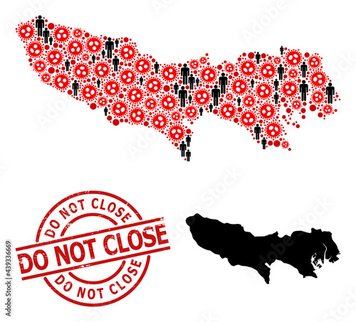 Collage map of Tokyo Prefecture composed of virus outbreak icons and men icons. Do Not Close textured badge. Black men items and red sars virus icons. Do Not Close title inside round watermark.