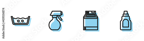 Set line Washer, Temperature wash, Water spray bottle and Bottle for cleaning agent icon. Vector