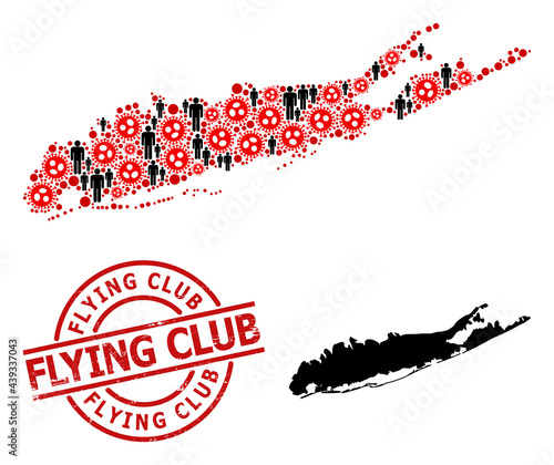 Mosaic map of Long Island united from covid items and humans items. Flying Club grunge stamp. Black men items and red coronavirus elements. Flying Club message inside round stamp.