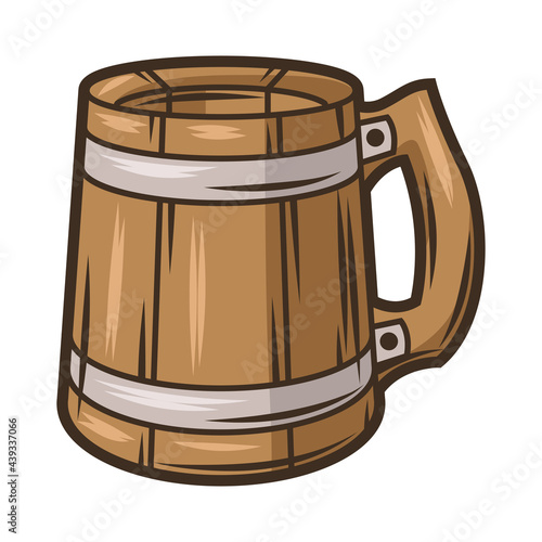 Illustration of wood mug with beer. Object in engraving hand drawn style. Old element for beer festival or Oktoberfest.