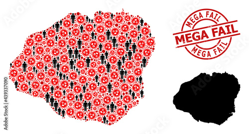 Mosaic map of Kauai Island organized from sars virus elements and men elements. Mega Fail textured seal stamp. Black people elements and red sars virus icons. Mega Fail title inside round seal stamp.