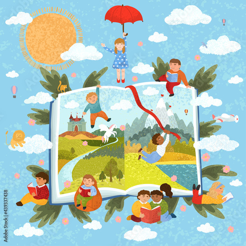 Vector colorful illustration of cute children read a book. Reading stories. The book of fairy tales. © lizavetas