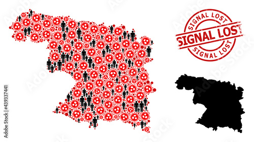 Collage map of Zamora Province organized from virus outbreak items and men items. Signal Lost grunge stamp. Black men icons and red sars virus items. Signal Lost title is inside round stamp.