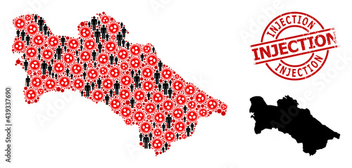 Collage map of Turkmenistan united from covid virus icons and people items. Injection textured stamp. Black people symbols and red sars virus items. Injection title inside round seal stamp.