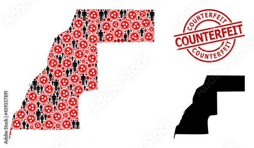 Collage map of Western Sahara designed from sars virus items and people items. Counterfeit textured stamp. Black man items and red SARS virus icons. Counterfeit phrase is inside round stamp.