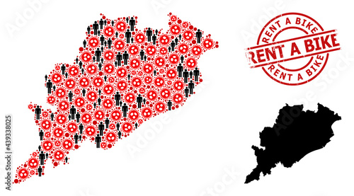 Collage map of Odisha State united from sars virus icons and population icons. Rent a Bike distress seal. Black person icons and red covid infection icons.