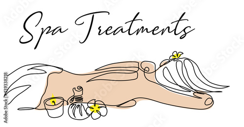 Thai massage vector illustration for signboard, banner, poster, background. Womans back, candle, herbal bag, flower. Spa concept. One continuous line art of Thai massage