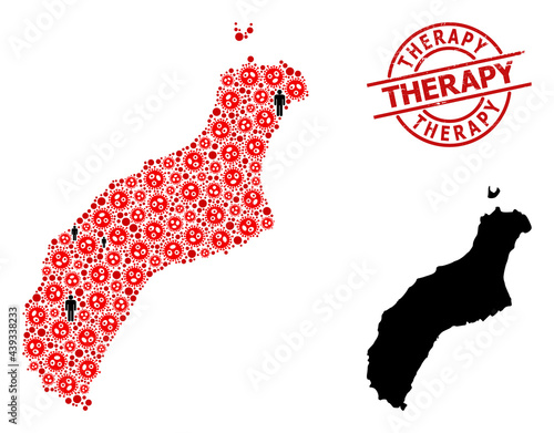 Mosaic map of Niihau Island constructed from coronavirus elements and men items. Therapy scratched seal stamp. Black people items and red sars virus elements. Therapy message inside round seal stamp.